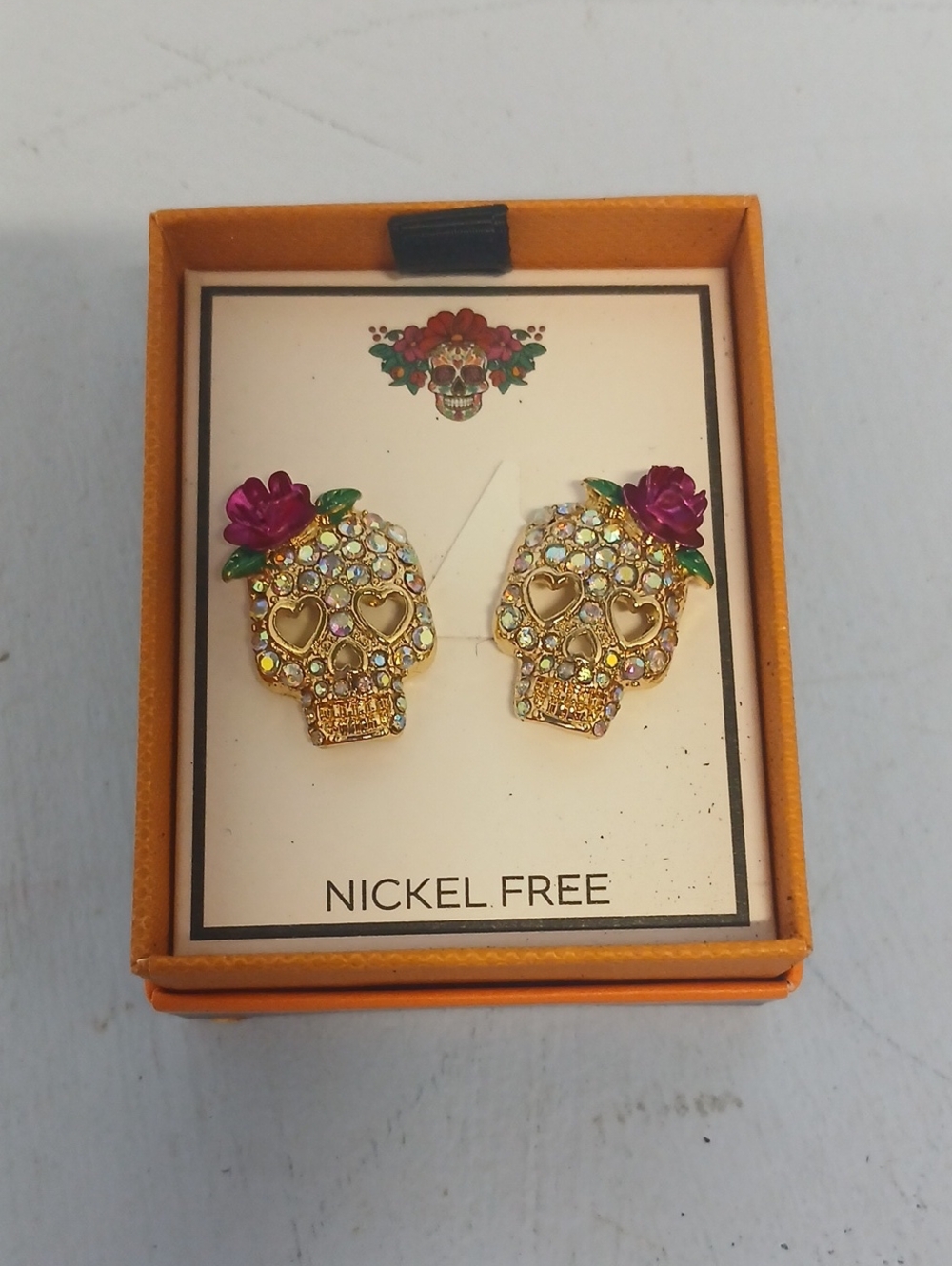 Gold Crystal Sugar Skull Stud Earrings with Pink Rose Accent